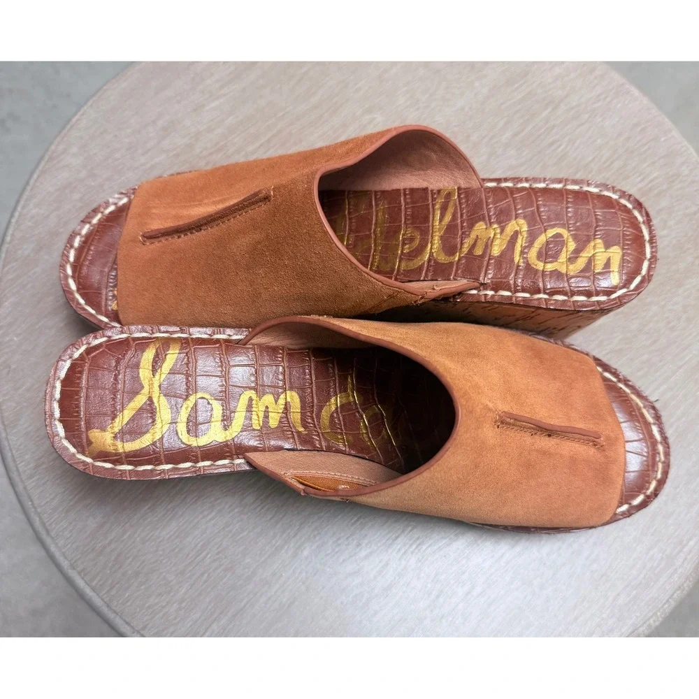 Sam Edelman 8  Womens Boho Ranger Brown Suede Cork Wedge Platform Slide Sandals